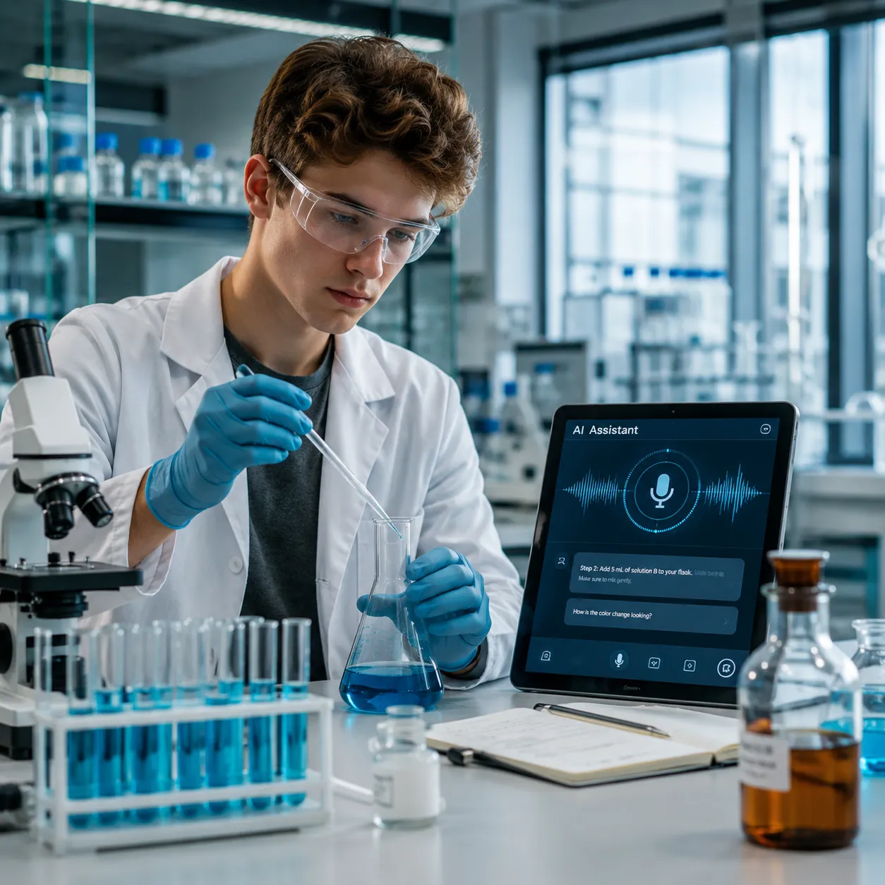 Auszubildender ruft Prozesswissen und Qualitätsstandards über einen interaktiven ChatBot ab