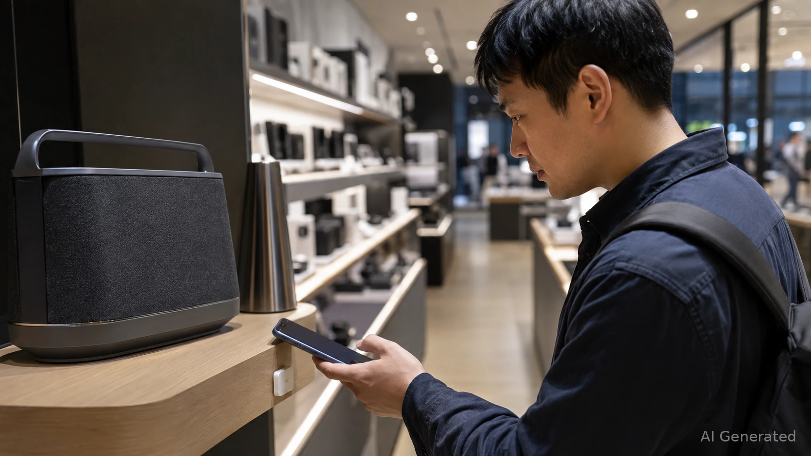 Kundin hält ihr Smartphone an ein Produkt im Ladenregal und hört die Produktinfos