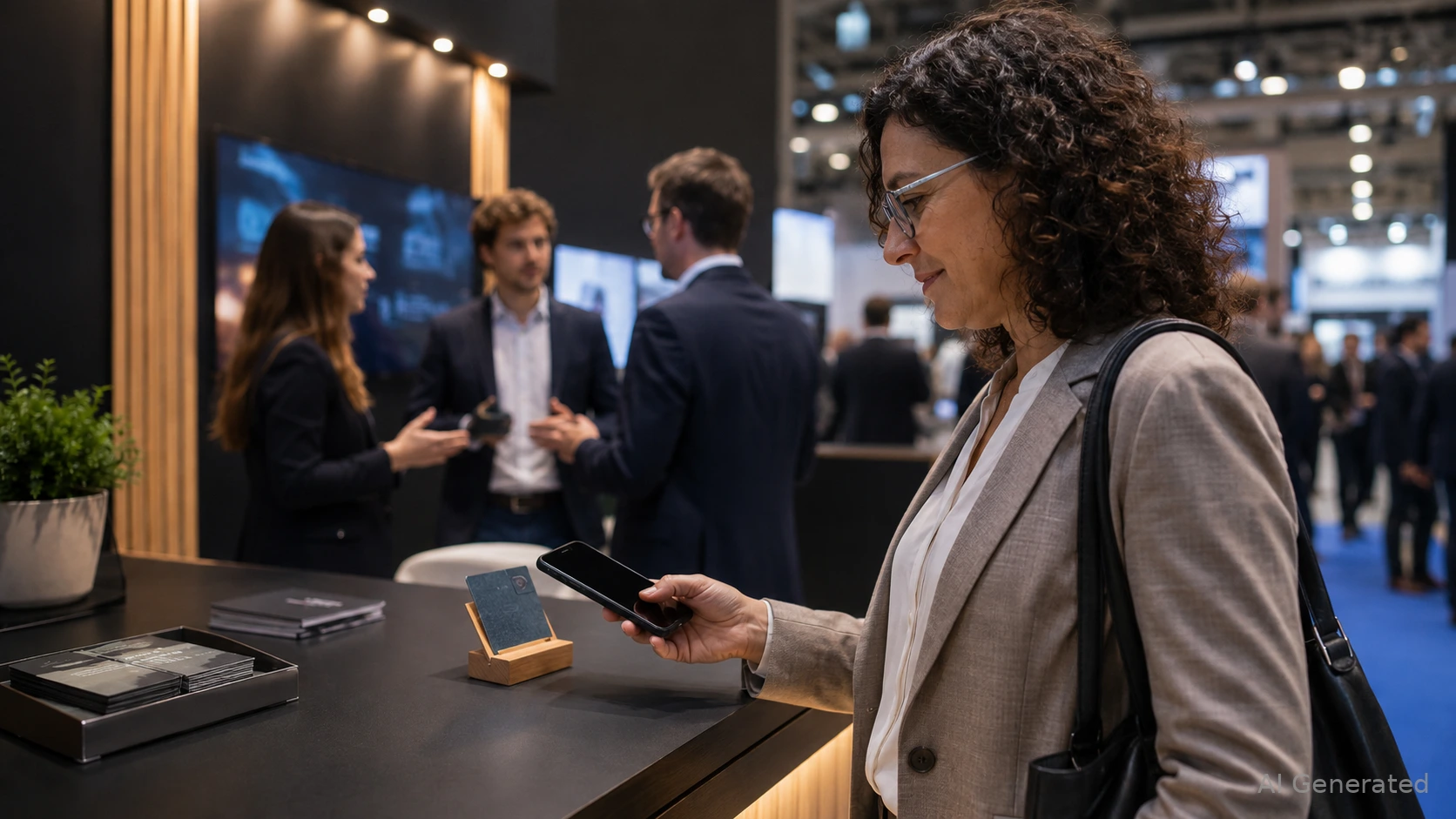 Messebesucher tippt am Stand mit dem Smartphone einen NFC-Tag an